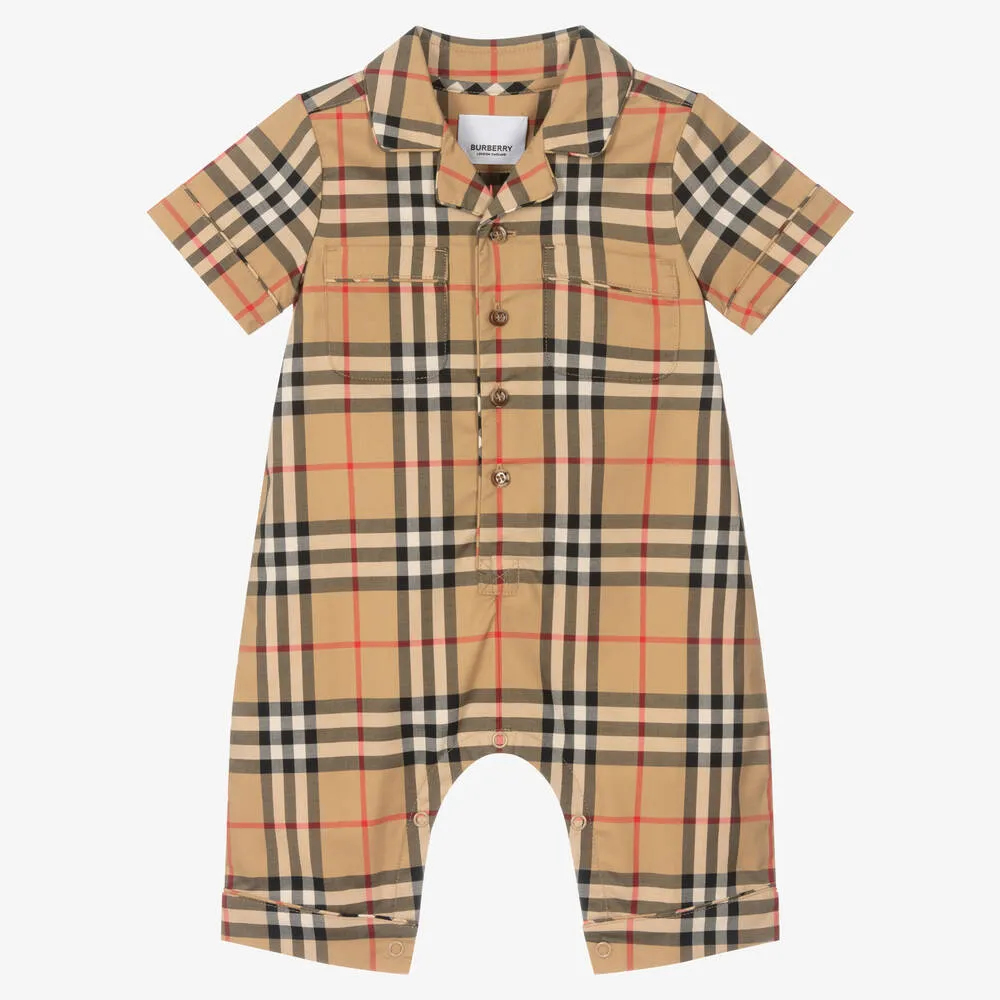 Beige Check Cotton Romper