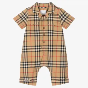 Beige Check Cotton Romper