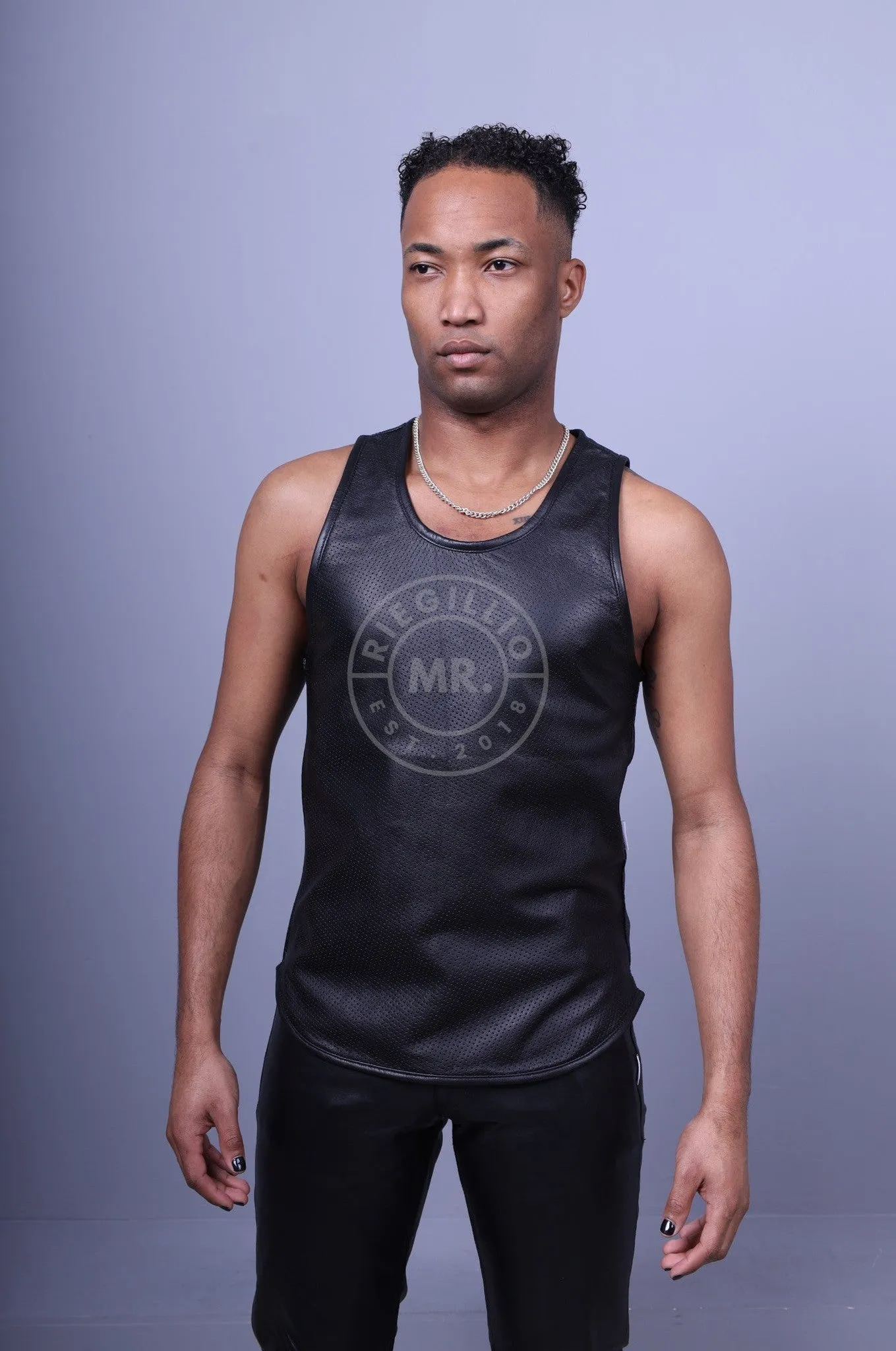 Black Leather Perforated Tank Top