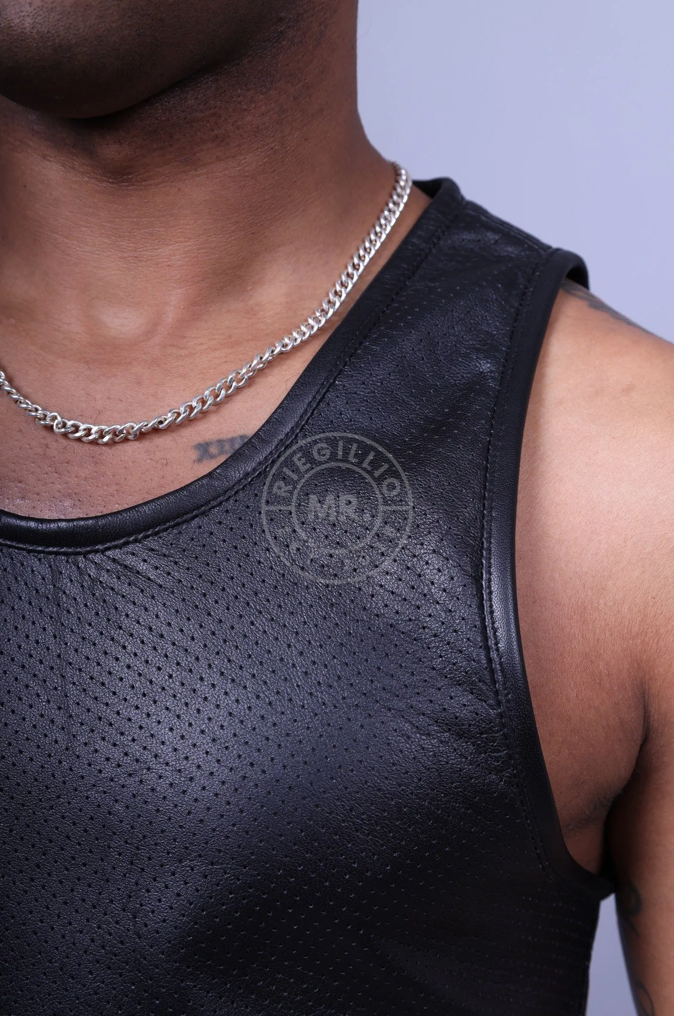 Black Leather Perforated Tank Top