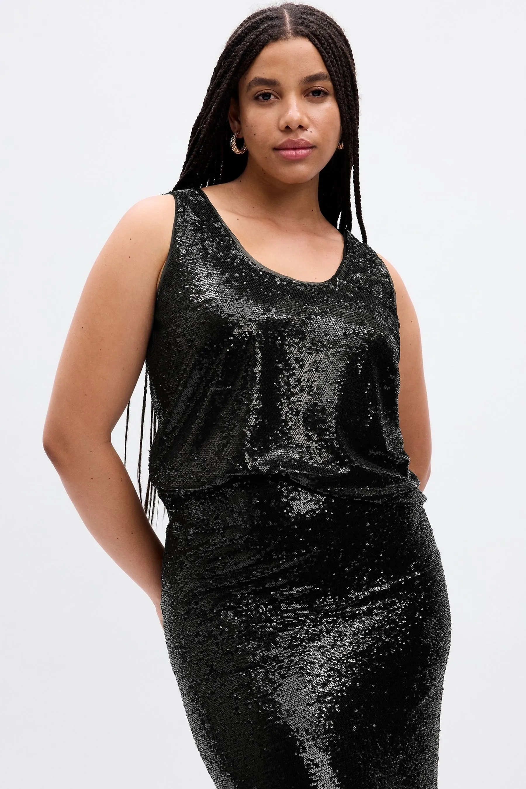 Black Round Neck Sequin Mesh Vest