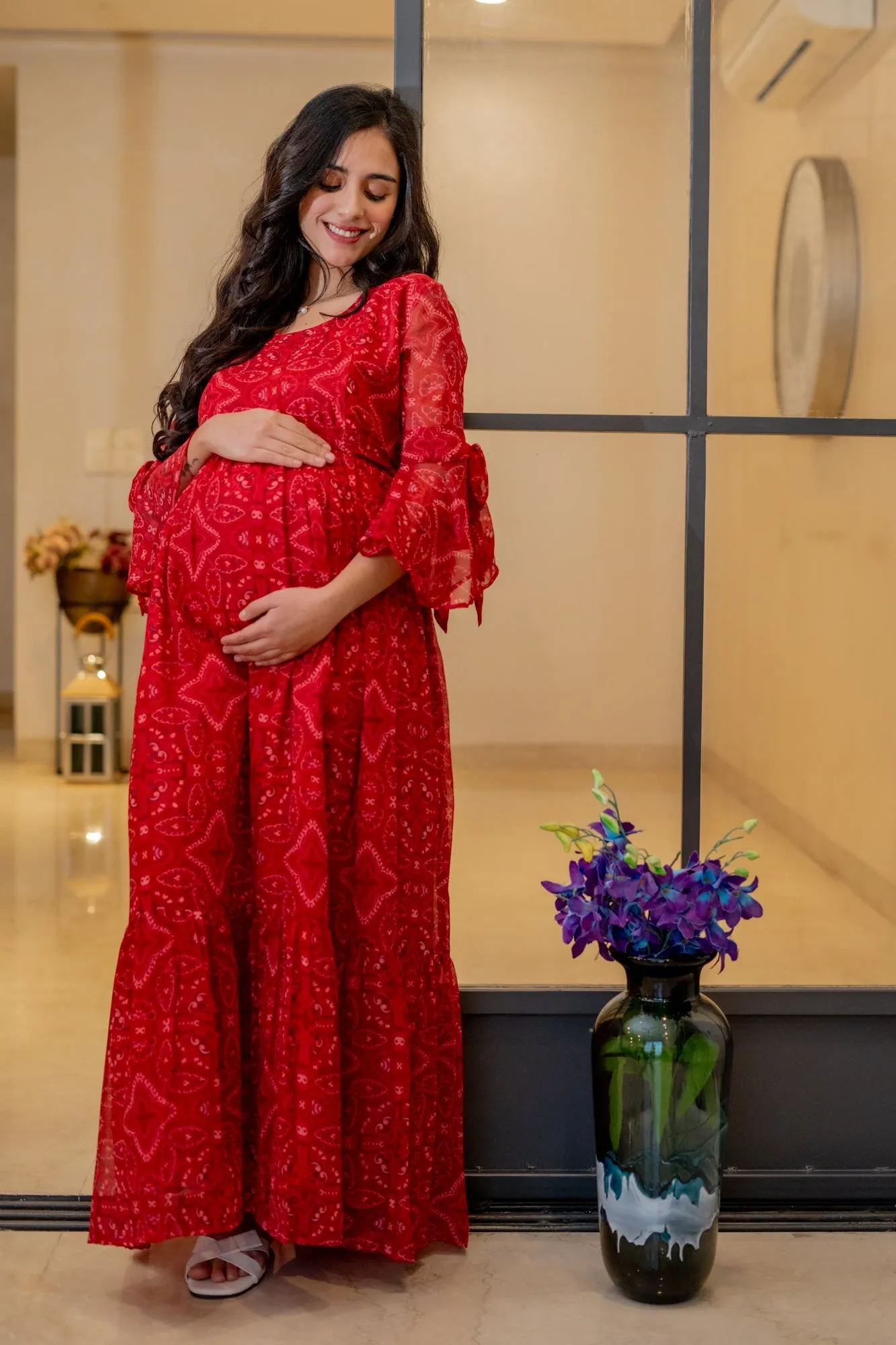 Blooming Raspberry Red Maternity & Nursing Frill Dress