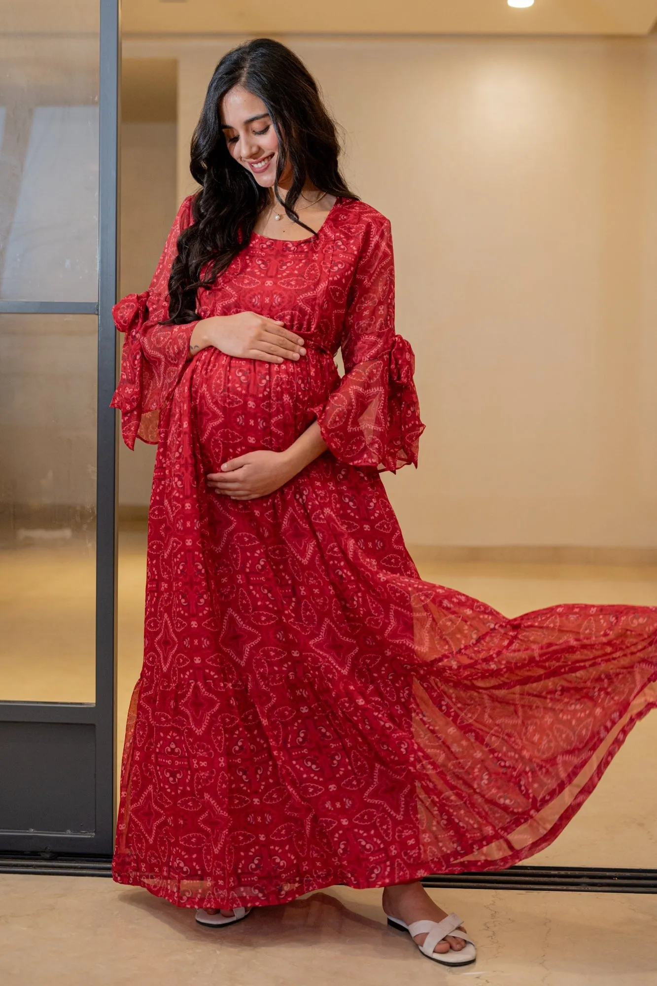 Blooming Raspberry Red Maternity & Nursing Frill Dress