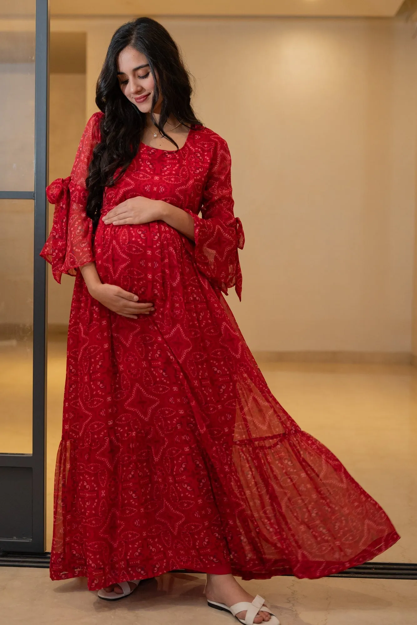 Blooming Raspberry Red Maternity & Nursing Frill Dress