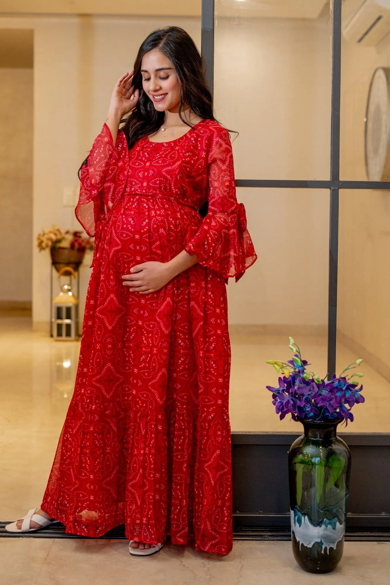 Blooming Raspberry Red Maternity & Nursing Frill Dress