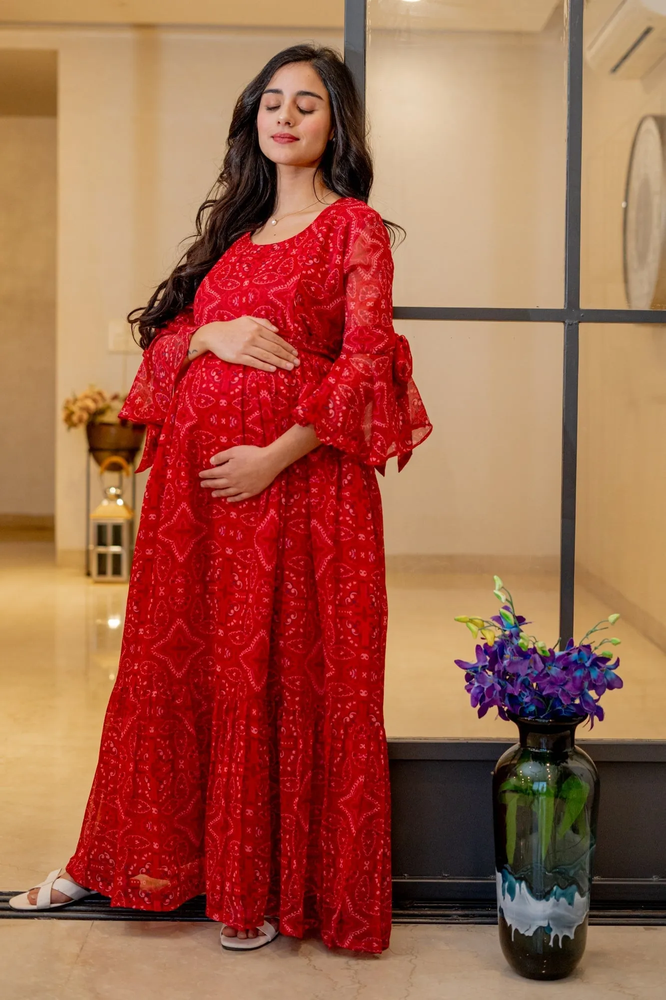 Blooming Raspberry Red Maternity & Nursing Frill Dress