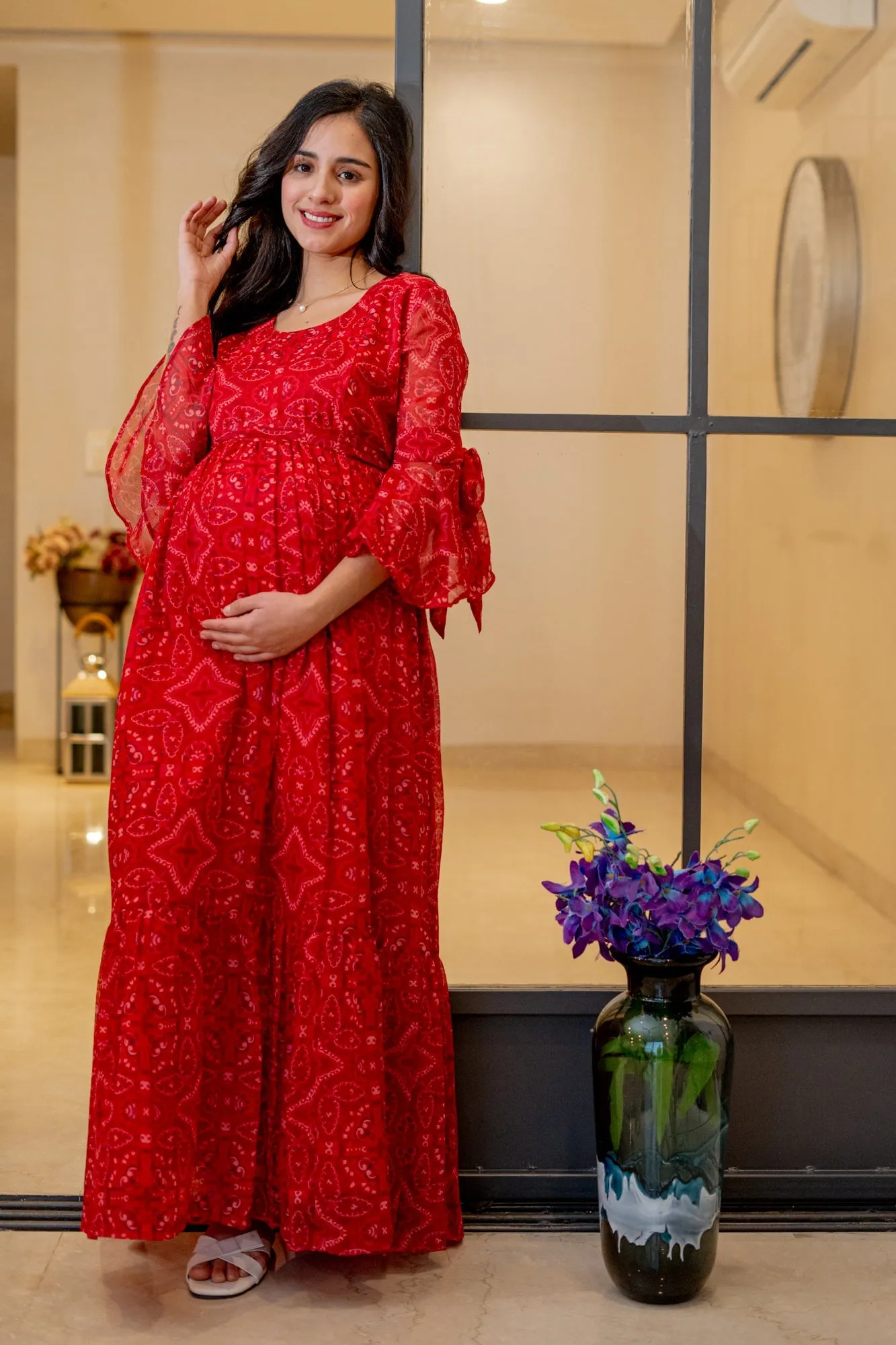 Blooming Raspberry Red Maternity & Nursing Frill Dress