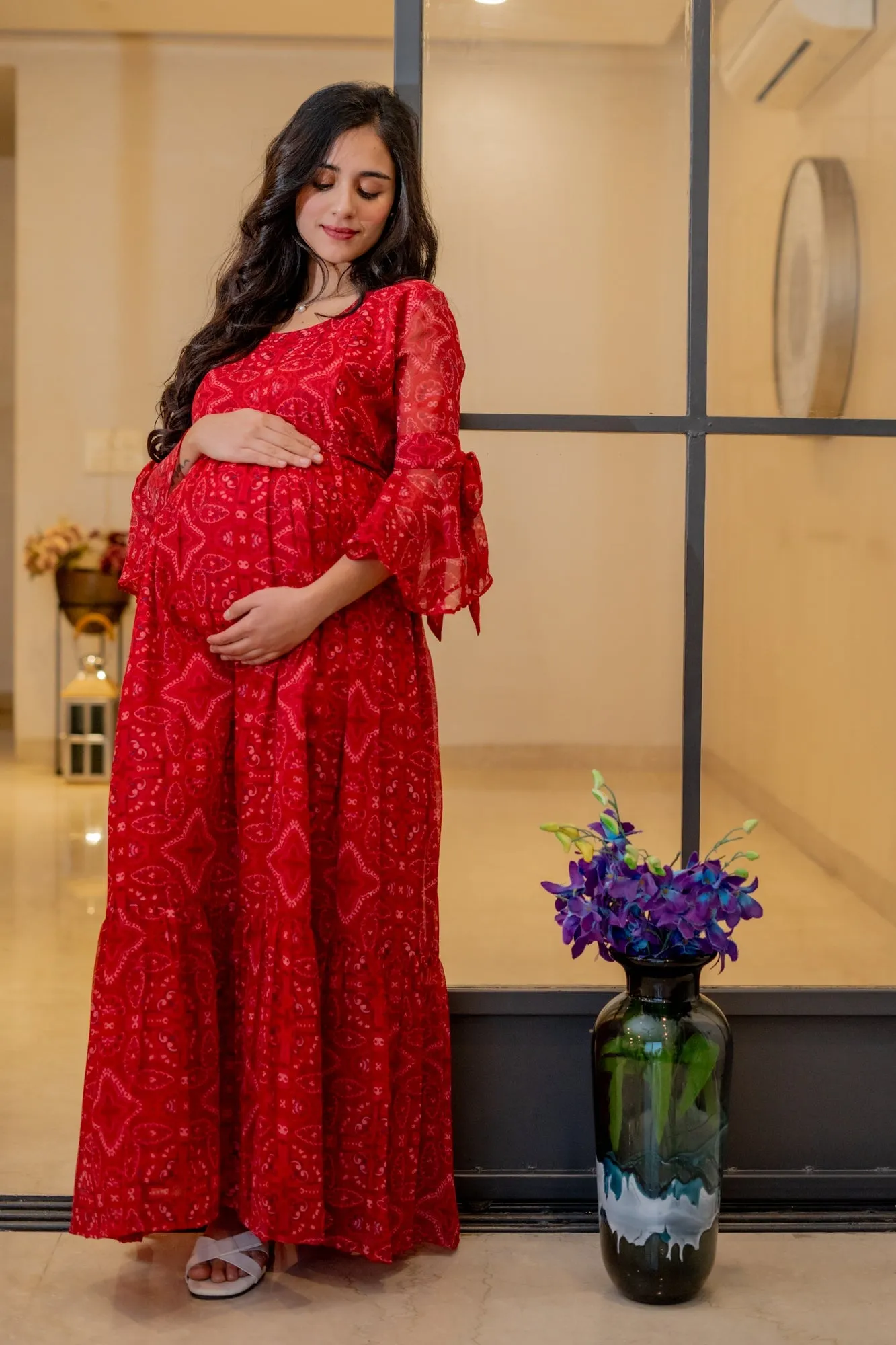 Blooming Raspberry Red Maternity & Nursing Frill Dress