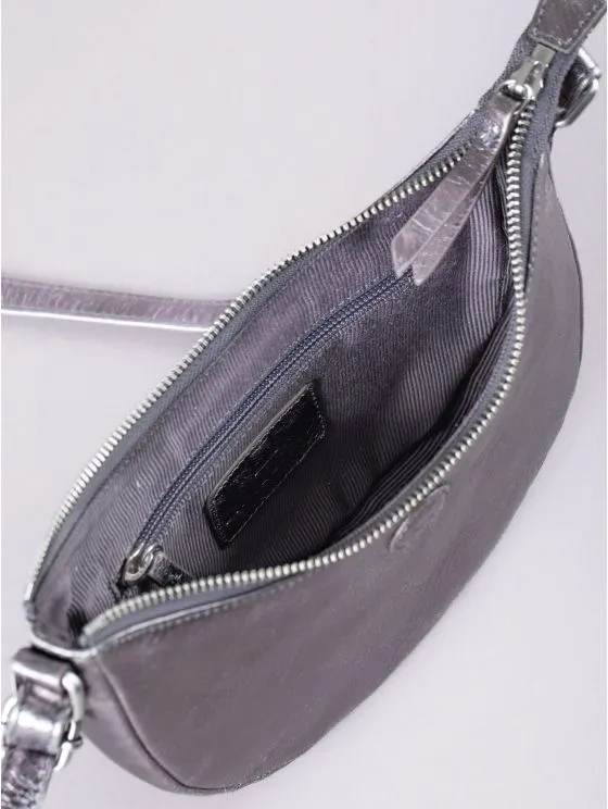 Coniston Crescent Leather Cross Body Bag in Metallic Pewter