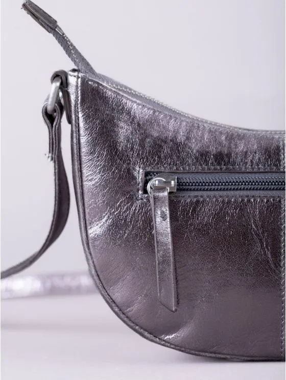 Coniston Crescent Leather Cross Body Bag in Metallic Pewter