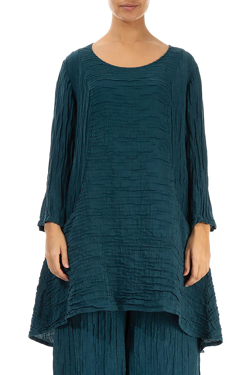 Crinkled Two Pockets Dark Teal Silk Tunic