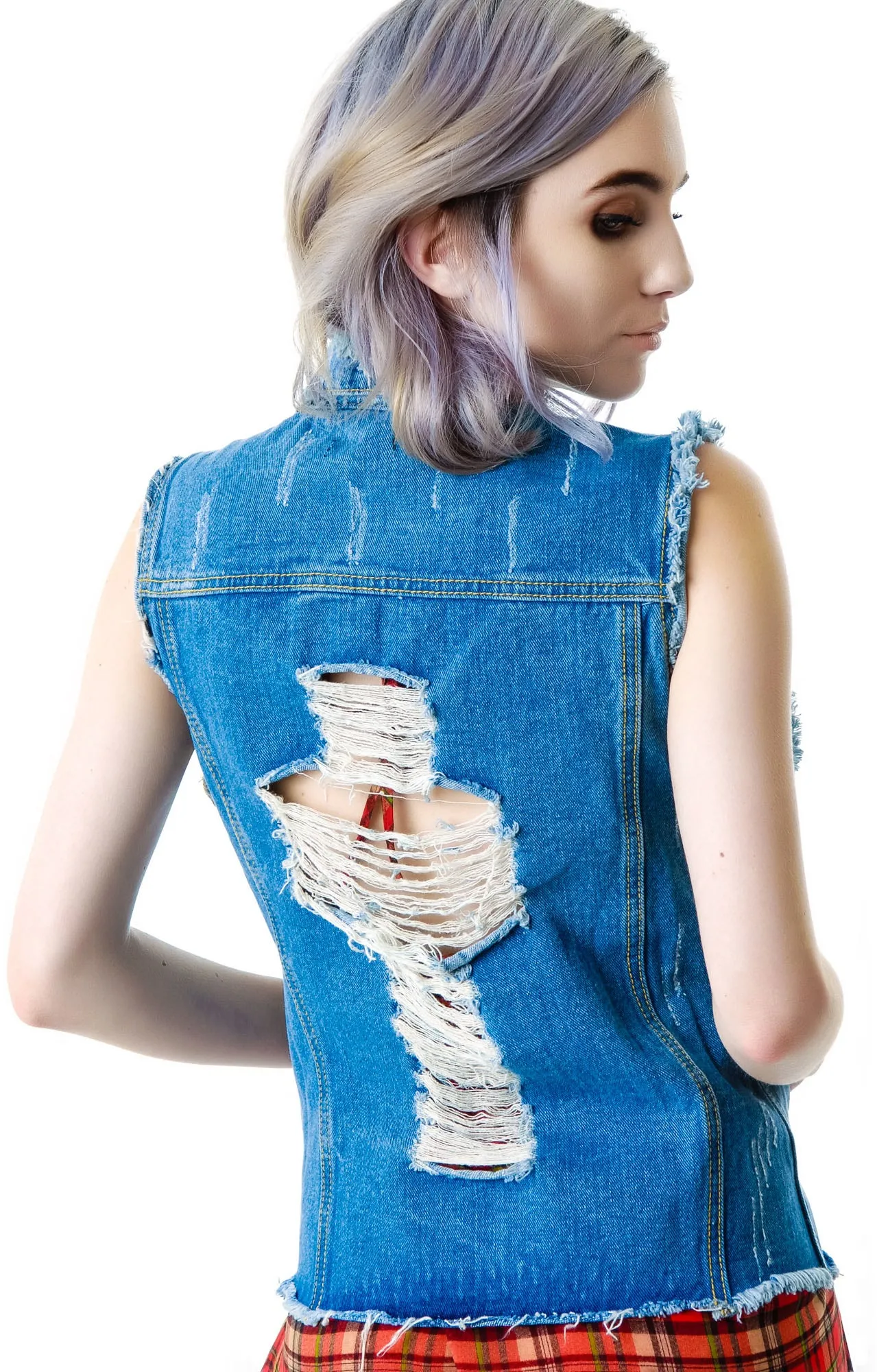 Crossed Out Destroyed Denim Vest-