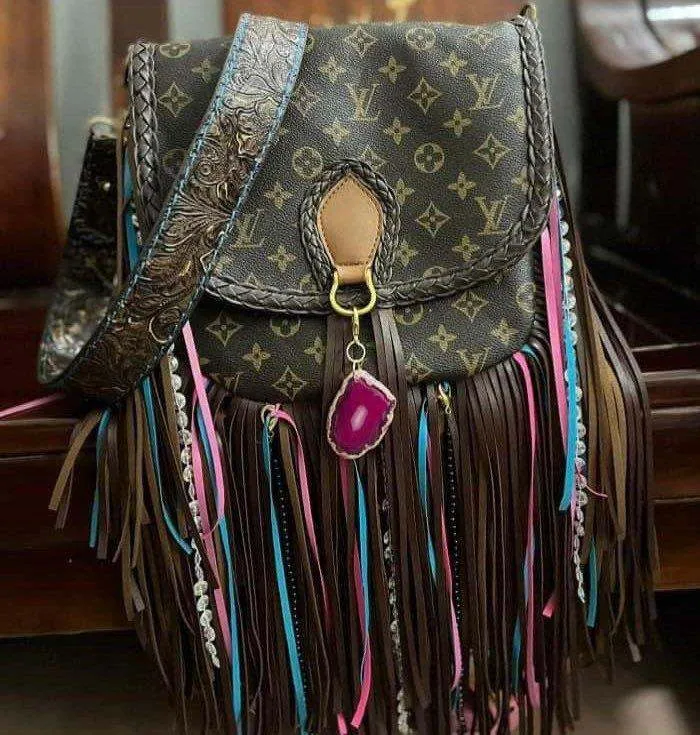 Fringe boho bag pink/blue