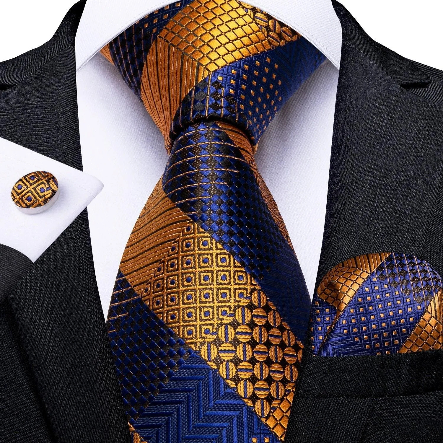 Gold Blue Striped Silk Necktie Set