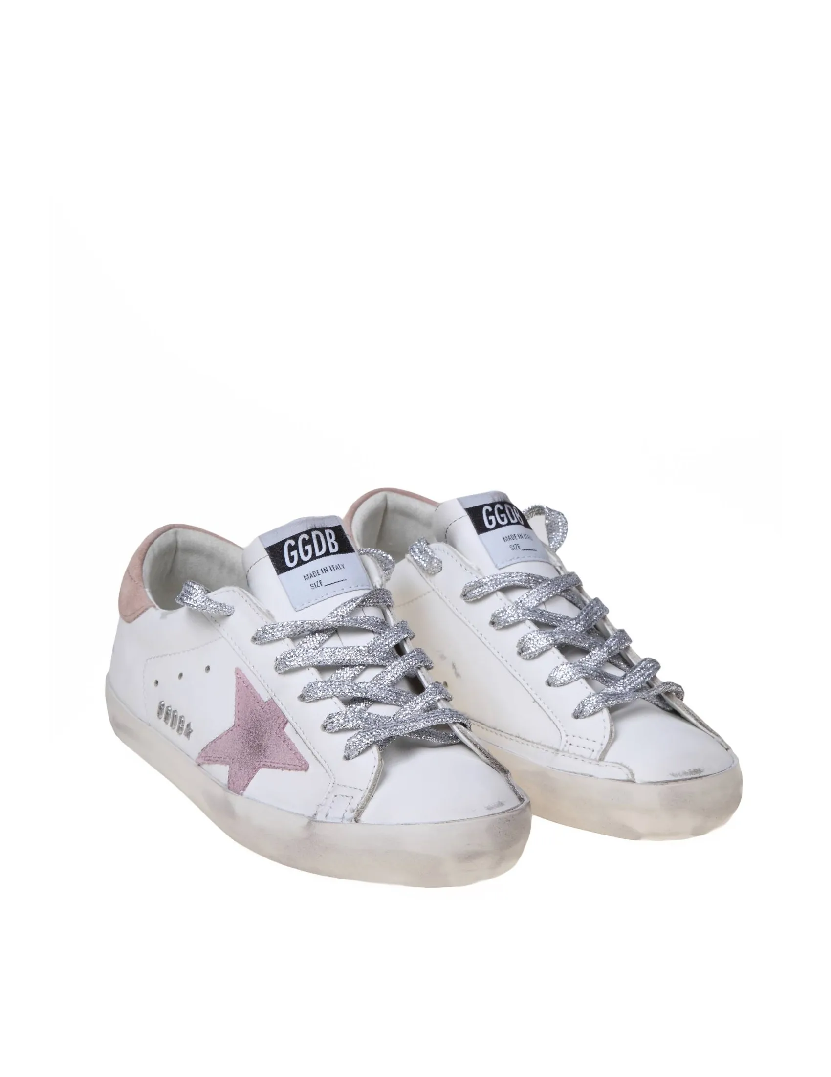 GOLDEN GOOSE SUPER-STAR LEATHER SNEAKERS WITH PINK SUEDE STAR