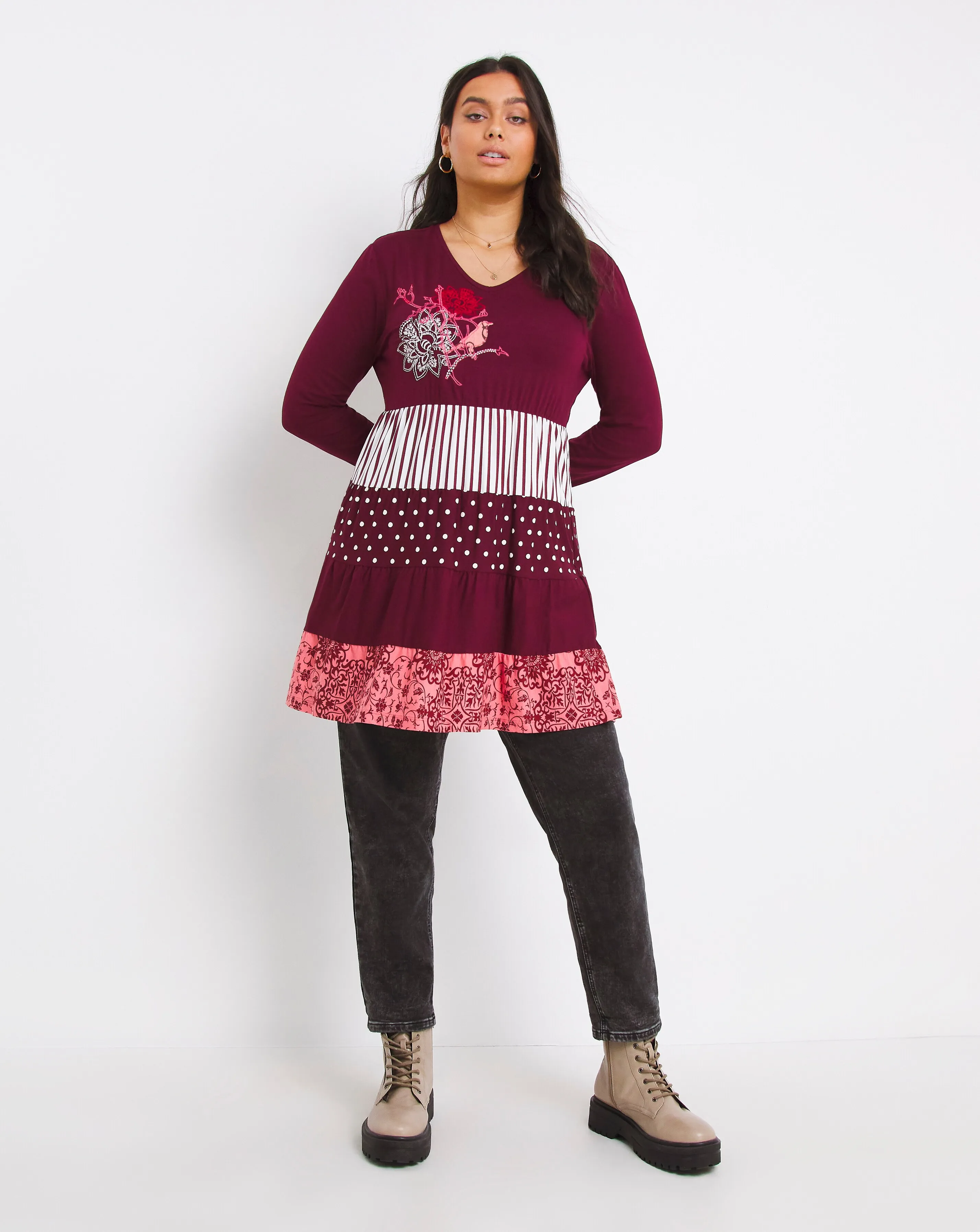 Joe Browns Long Sleeve Mixed Print Tiered Tunic | Simply Be