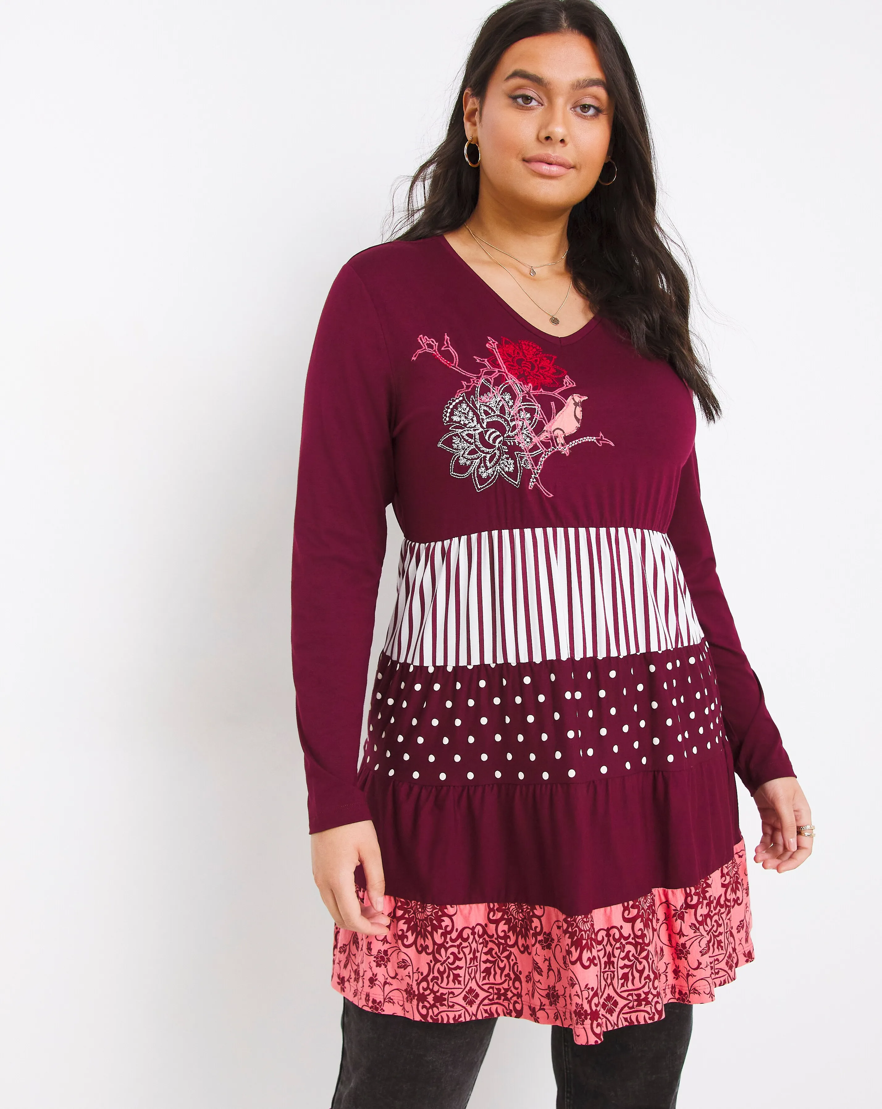 Joe Browns Long Sleeve Mixed Print Tiered Tunic | Simply Be