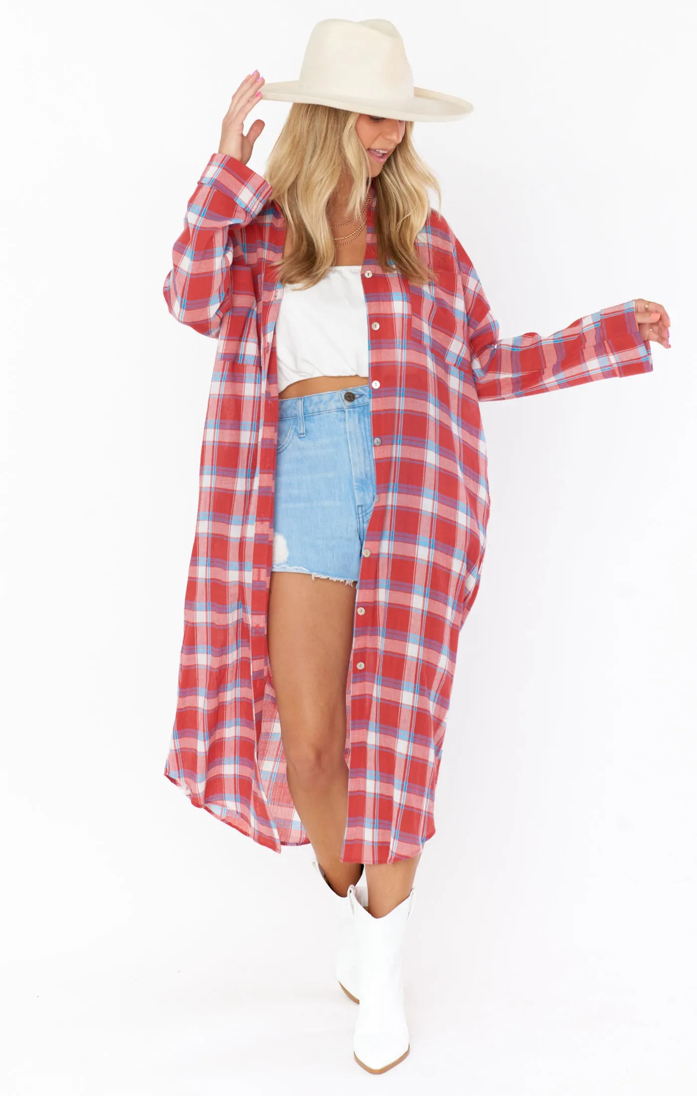 Leo Button Down Tunic ~ Red Plaid