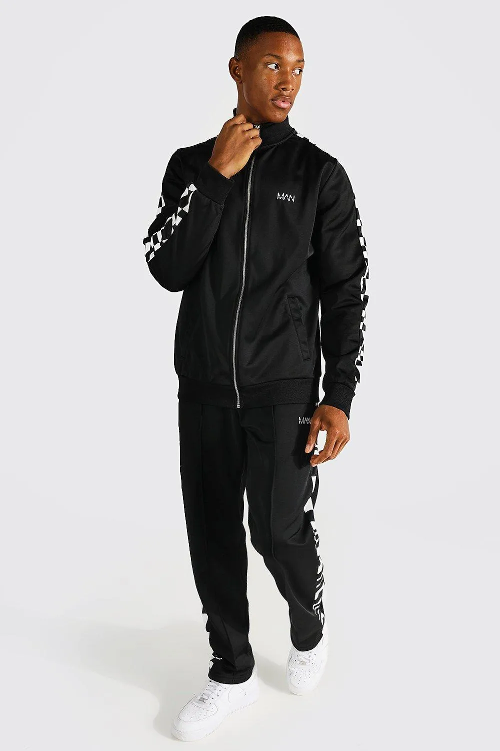 Man Checkerboard Panel Tricot Zip Tracksuit | boohooMAN UK