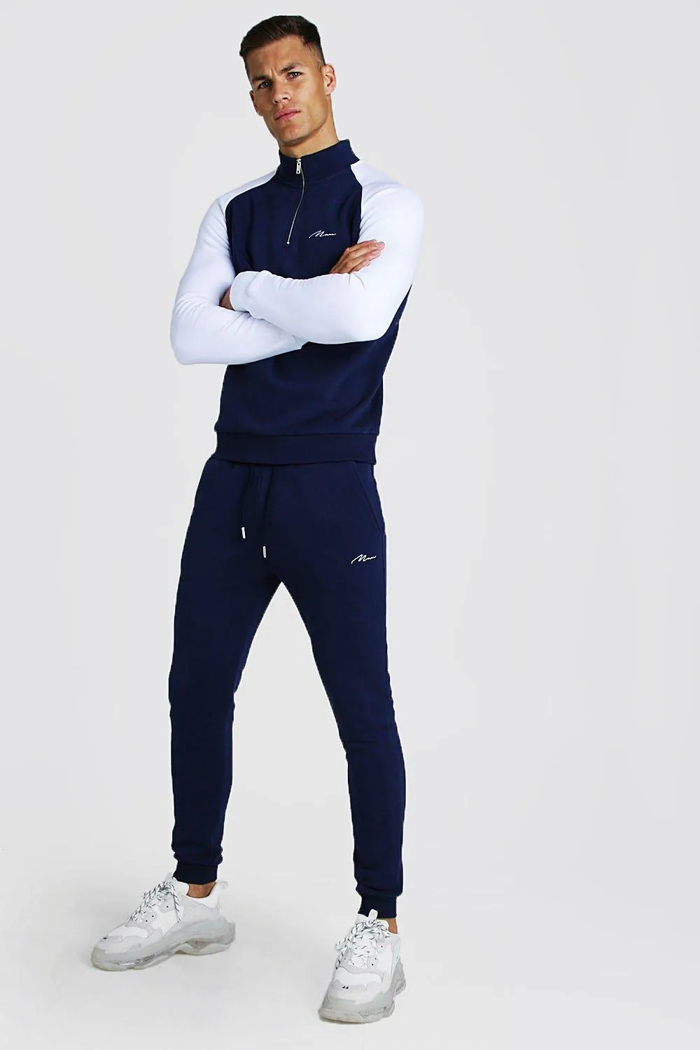 MAN Signature Half Zip Contrast Sleeves Tracksuit | boohooMAN UK