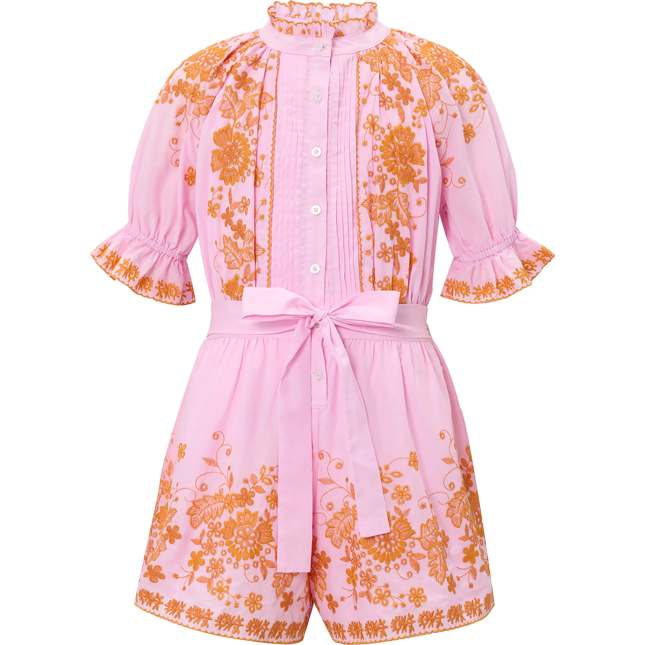 Marlo Kids Lea Floral Embroidered Short Puff Sleeve Romper, Pink