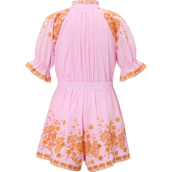 Marlo Kids Lea Floral Embroidered Short Puff Sleeve Romper, Pink