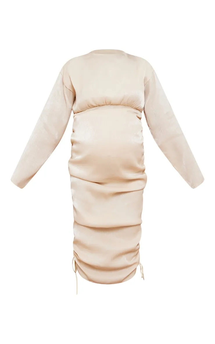 Maternity Champagne Plisse Ruched Bodycon Dress