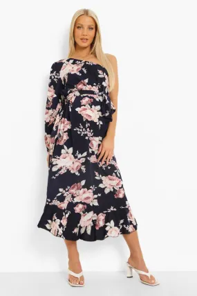 Maternity One Shoulder Tie Waist Floral Dress