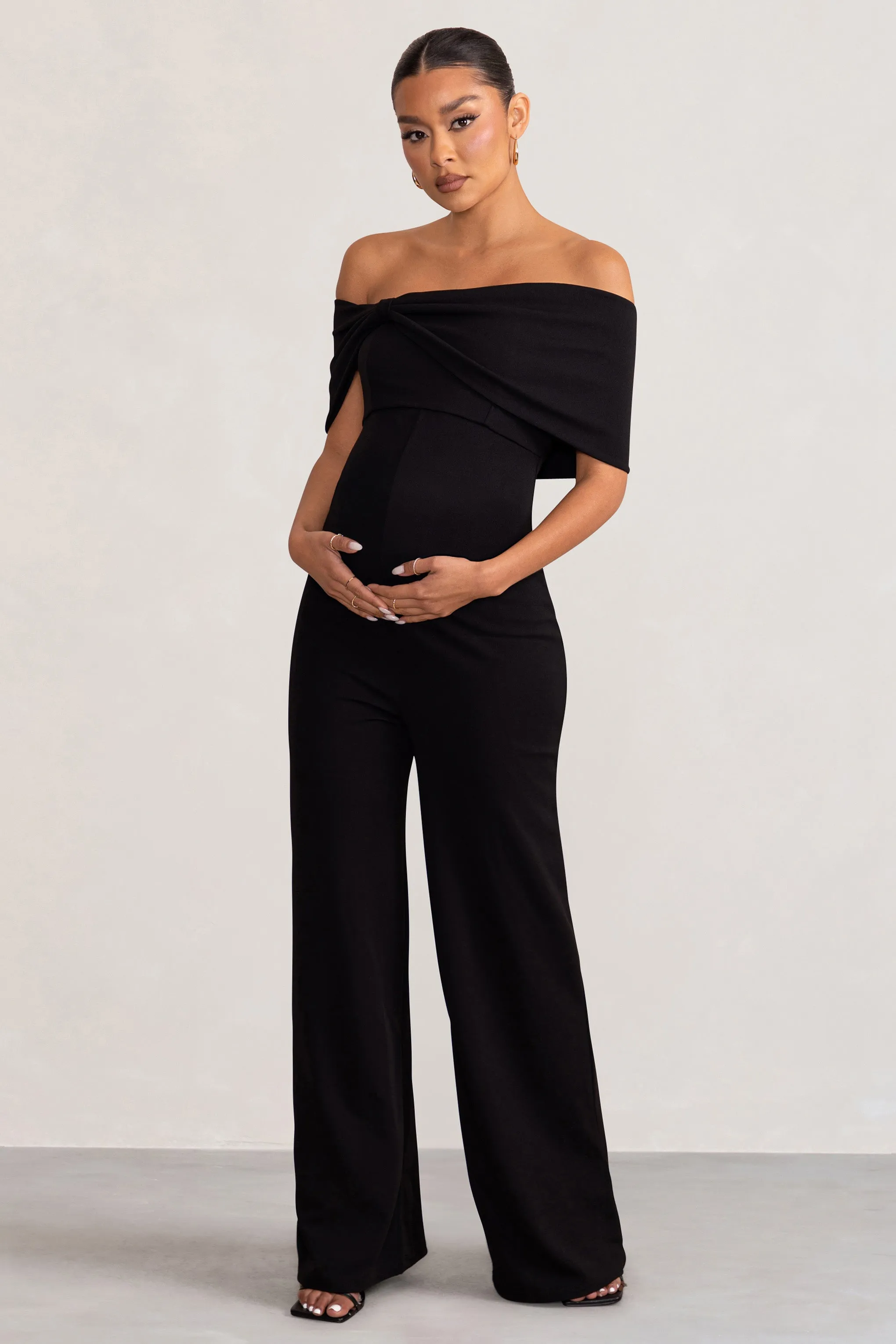 Meave | Black Bardot Bow Maternity Jumpsuit