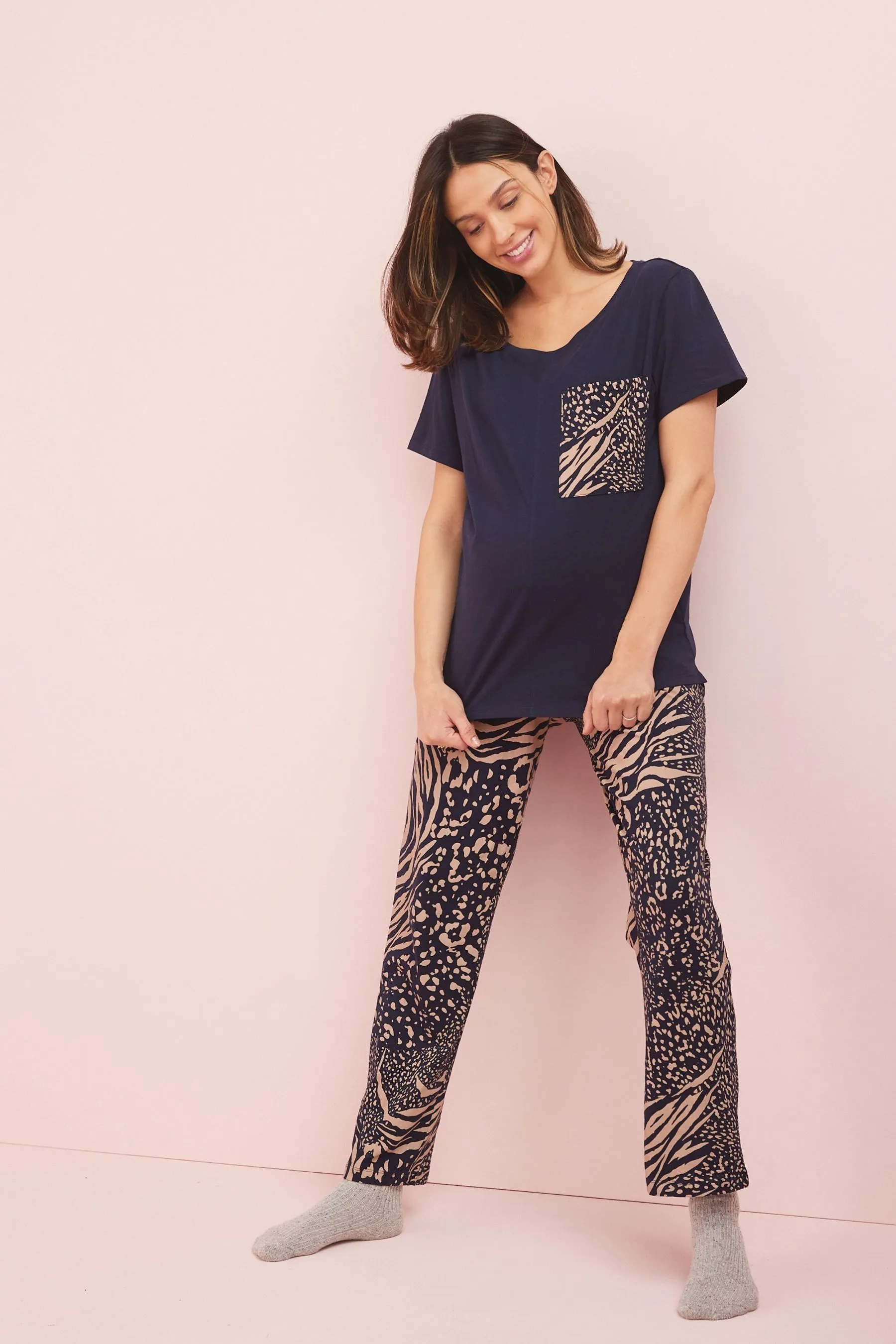 Navy Blue Animal Maternity Cotton Pyjamas