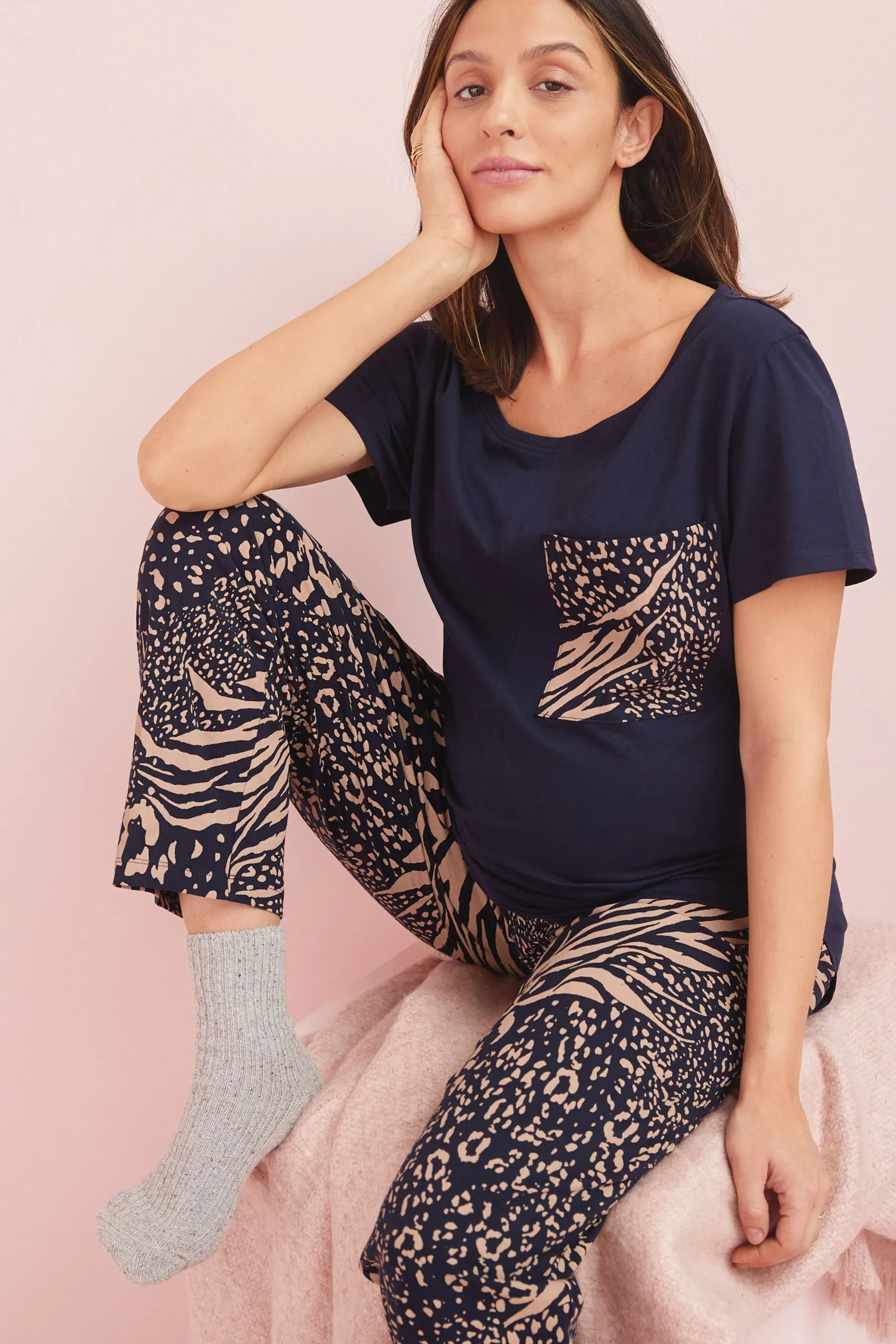 Navy Blue Animal Maternity Cotton Pyjamas