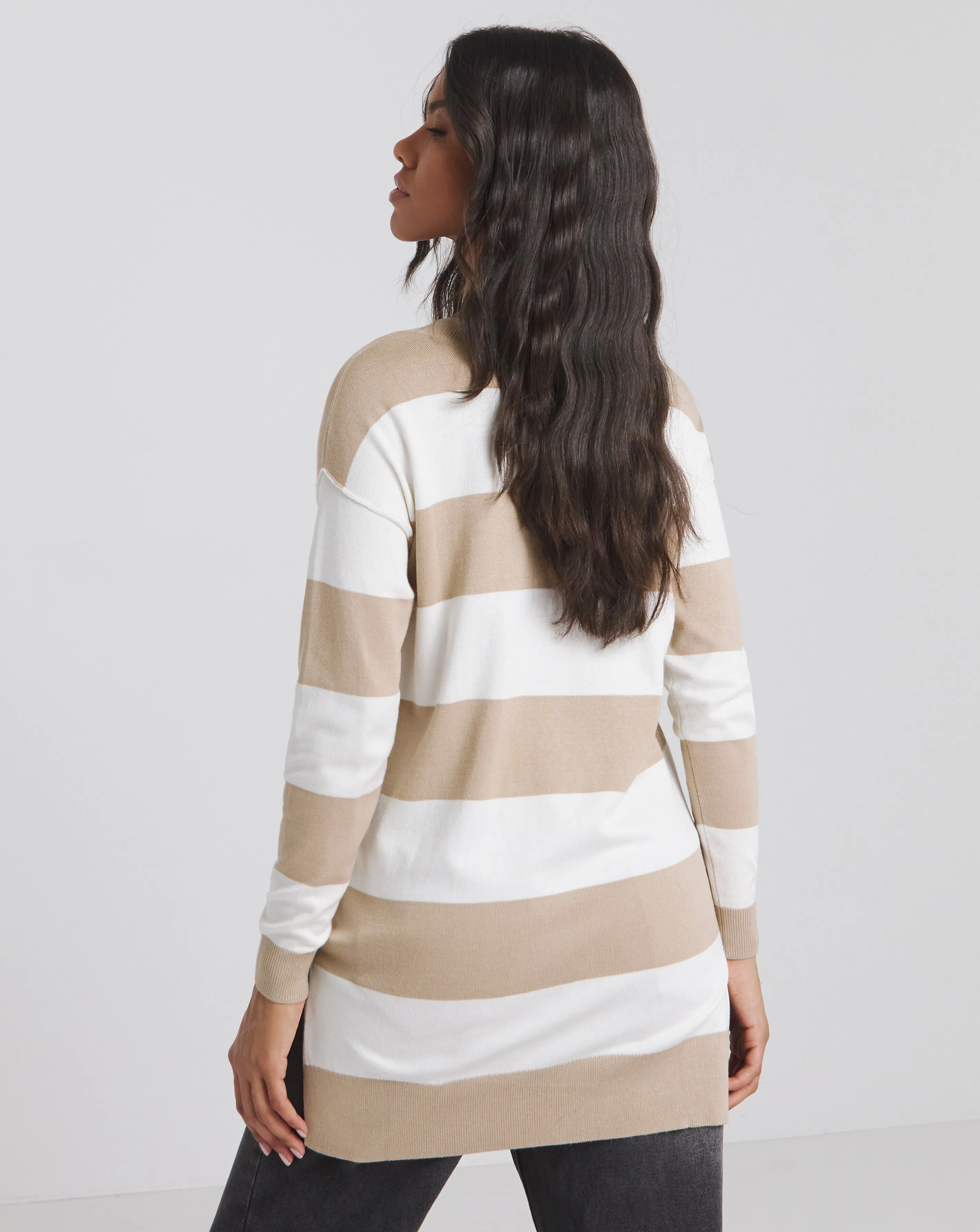 Neutral Stripe Slouchy V Neck Lightweight Tunic | Simply Be