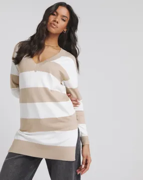 Neutral Stripe Slouchy V Neck Lightweight Tunic | Simply Be