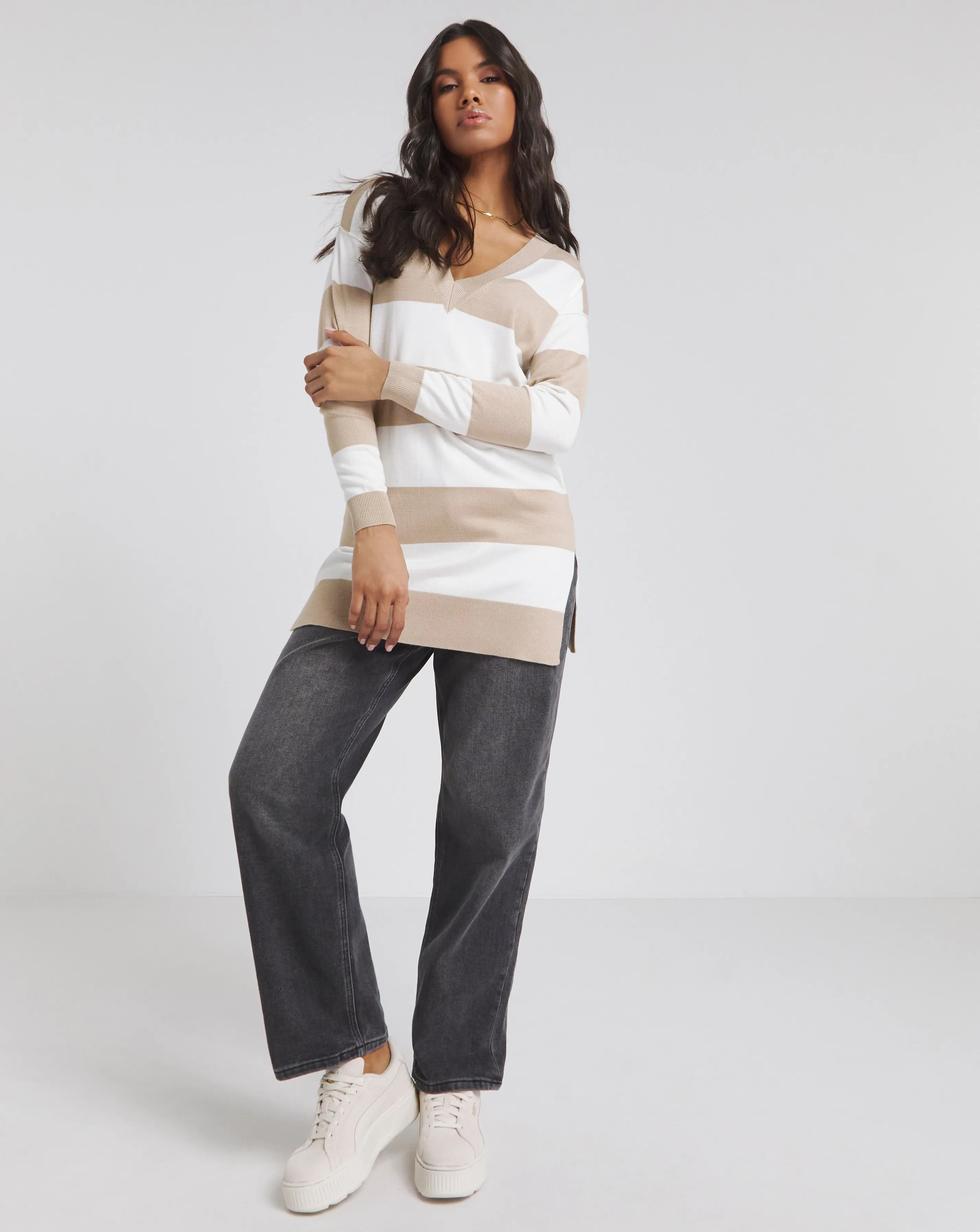 Neutral Stripe Slouchy V Neck Lightweight Tunic | Simply Be