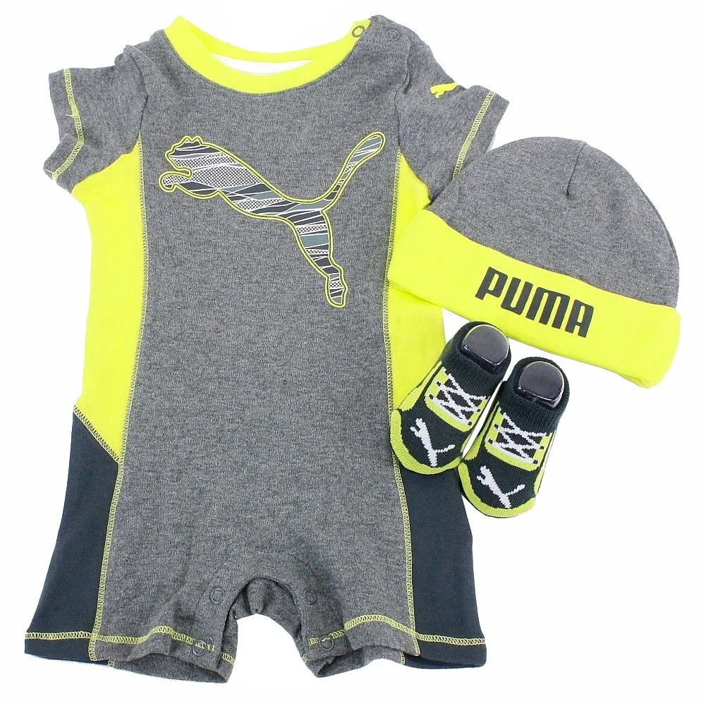 Puma Infant Boy's 3-Piece Cat Logo Short Sleeve Cotton Romper Set