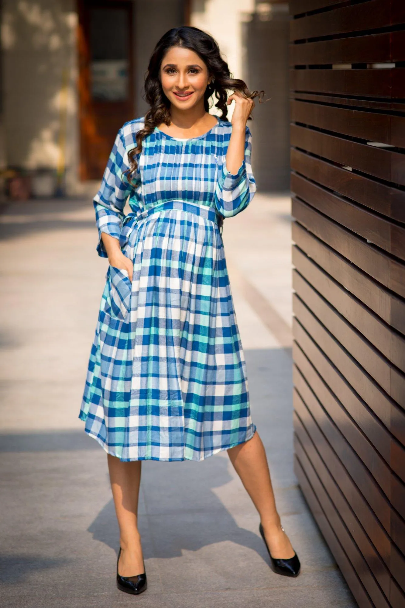 Saphire Blue Plaid Pintucks Maternity & Nursing Dress