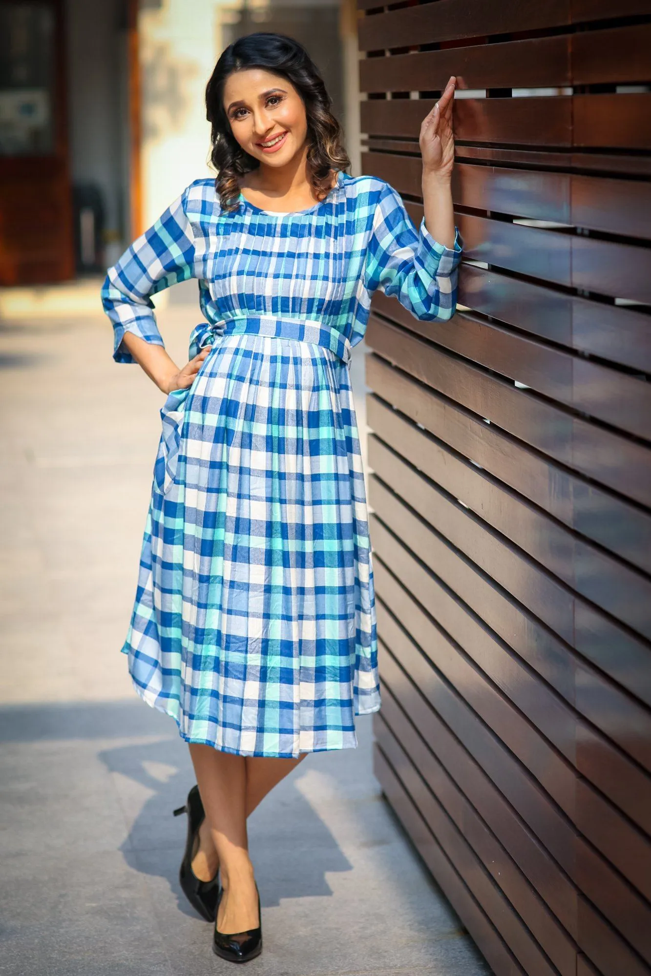 Saphire Blue Plaid Pintucks Maternity & Nursing Dress