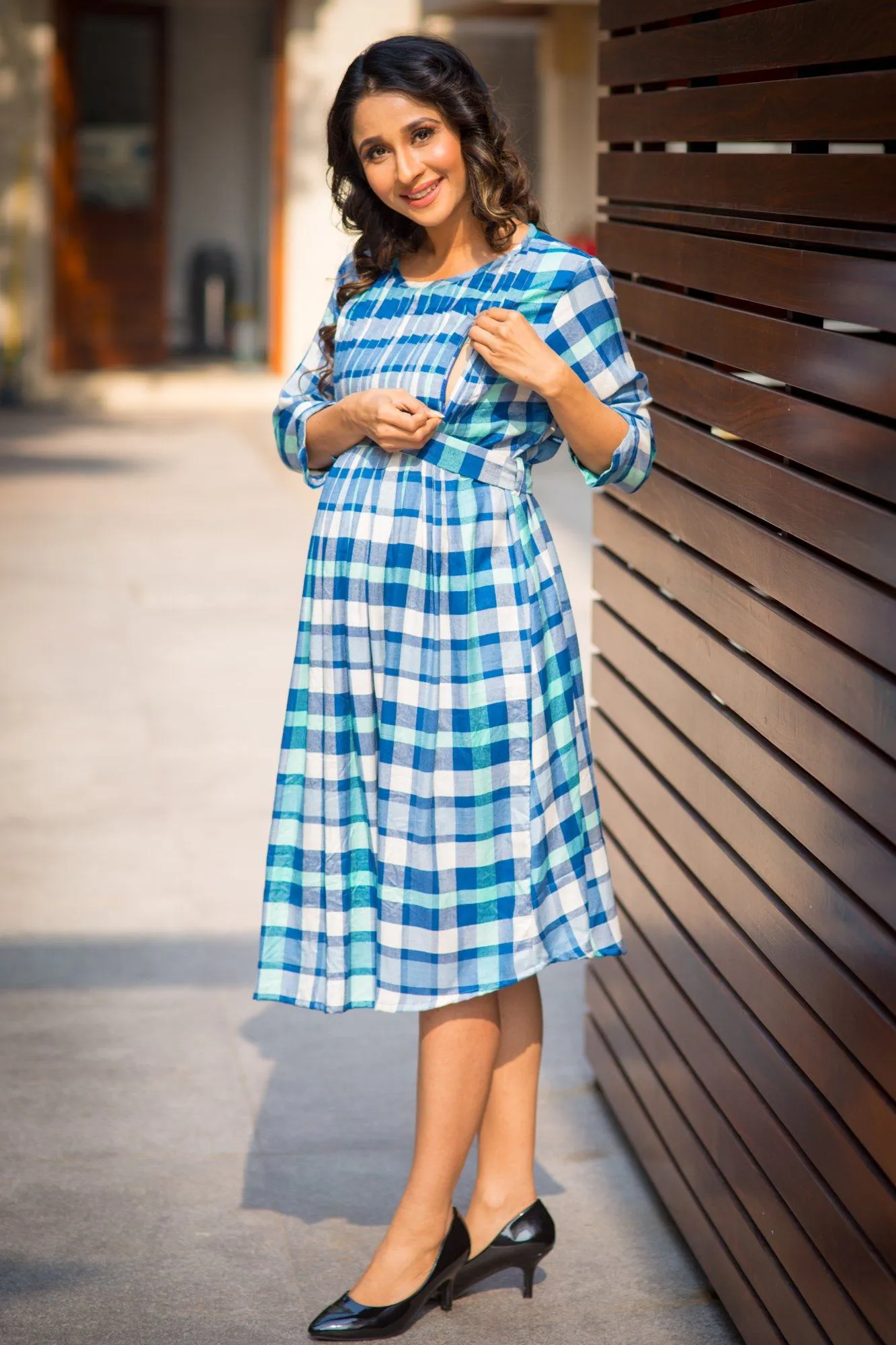 Saphire Blue Plaid Pintucks Maternity & Nursing Dress