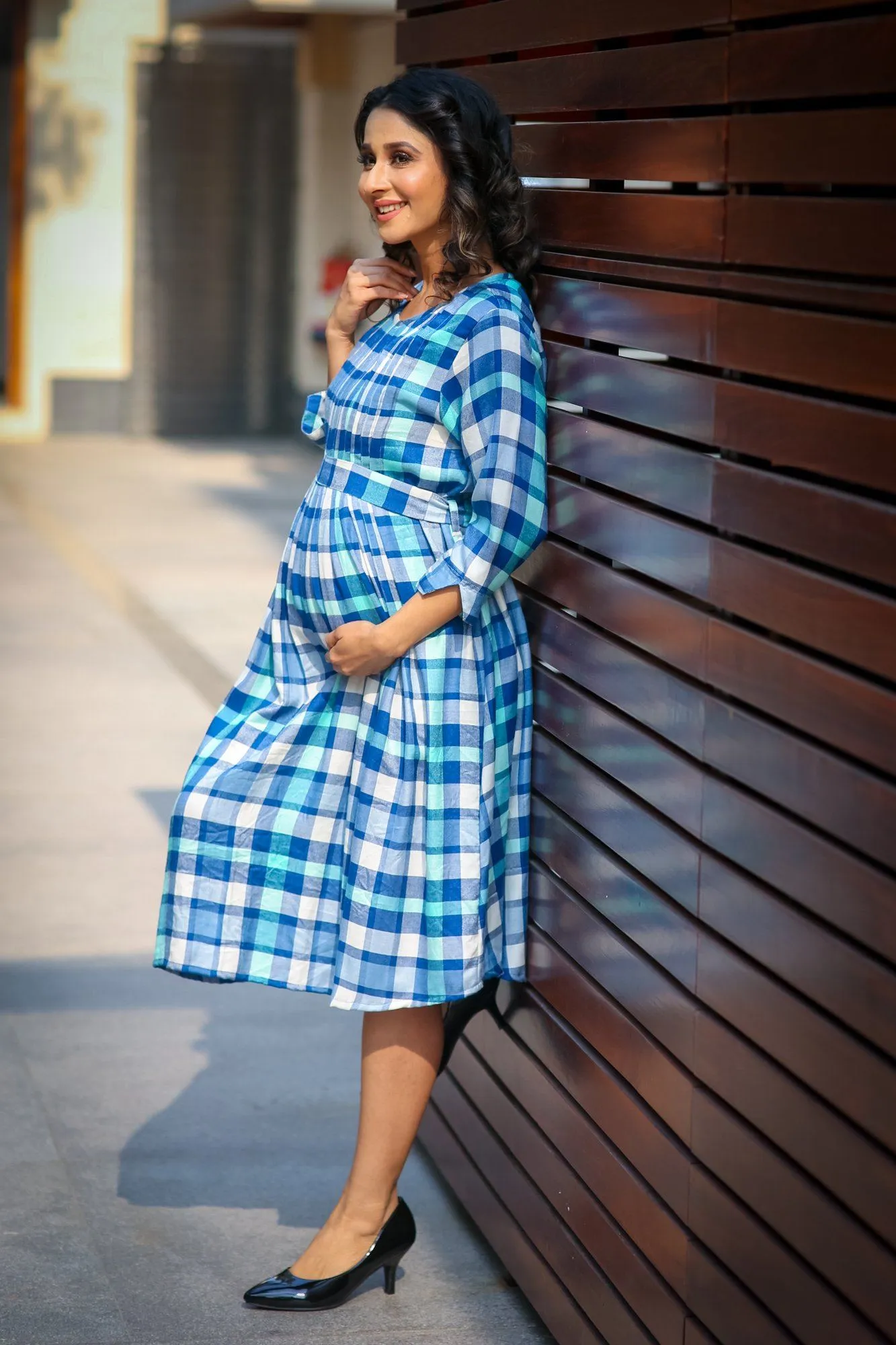 Saphire Blue Plaid Pintucks Maternity & Nursing Dress