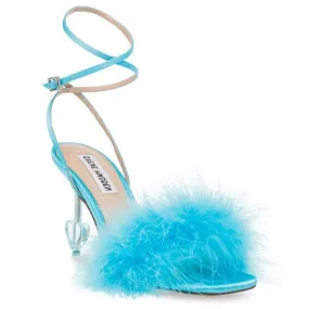 Steve Madden Vixy Blue Satin + Faux Feather Sandals