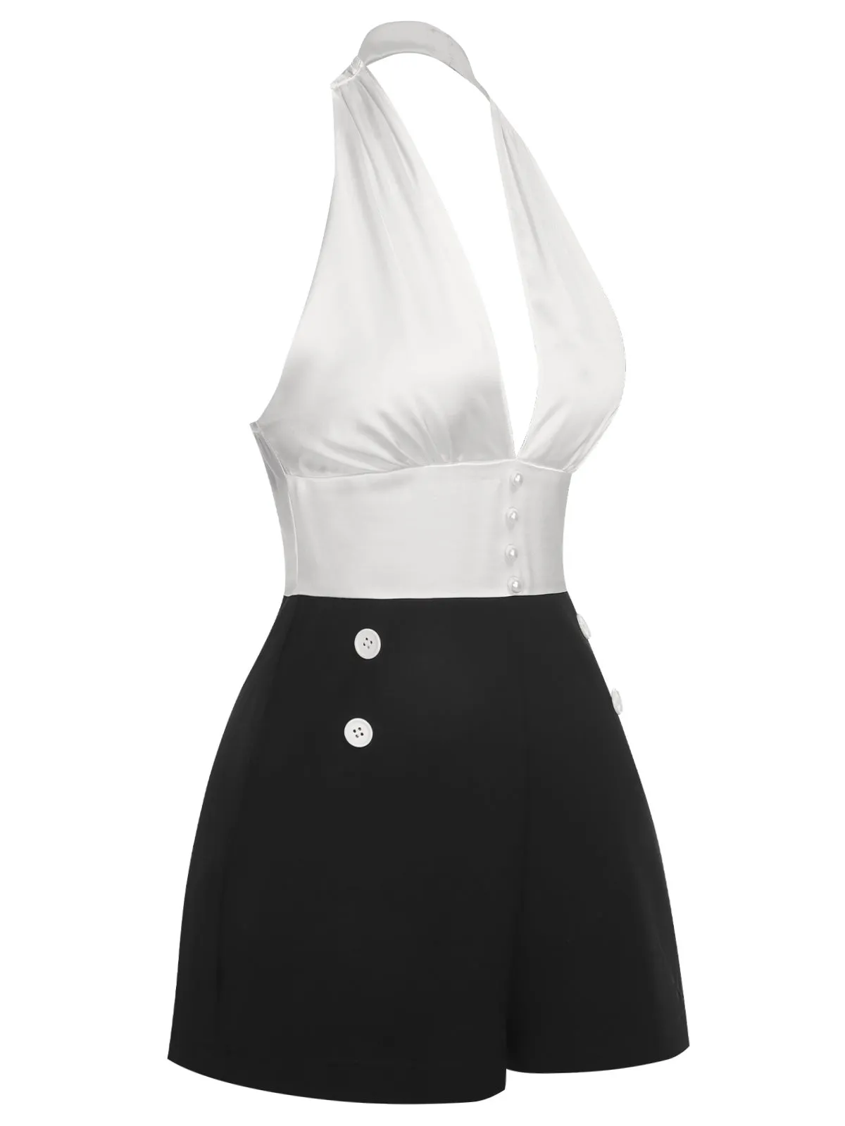 White & Black 1950s Deep-V Halter Romper